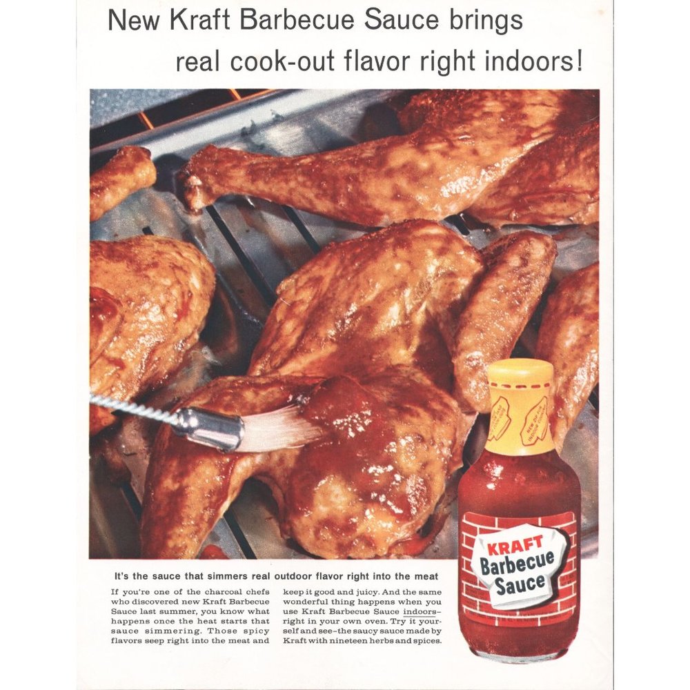 1961 Kraft Barbecue Sauce Vintage Print Ad BBQ Grilling Chicken Leg Quarters 60s
